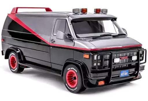 Galoob A-Team 3.75-inch figures posed beside the black van with red stripe