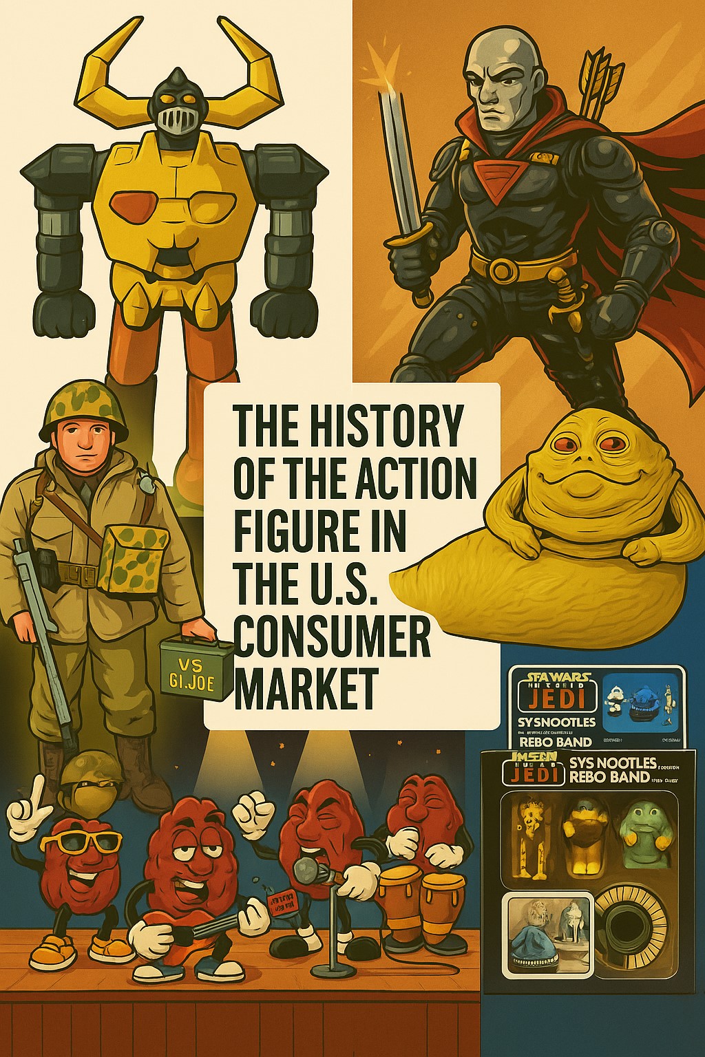 Timeline collage of iconic U.S. action figures from the 1960s to today