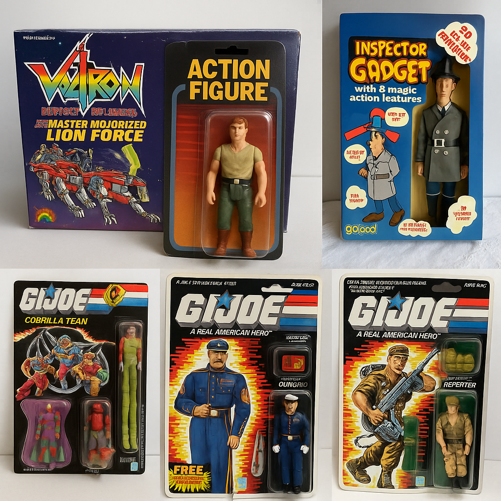 Animated toy lines like G.I. Joe, Inspector Gadget, and Voltron in cartoon packaging