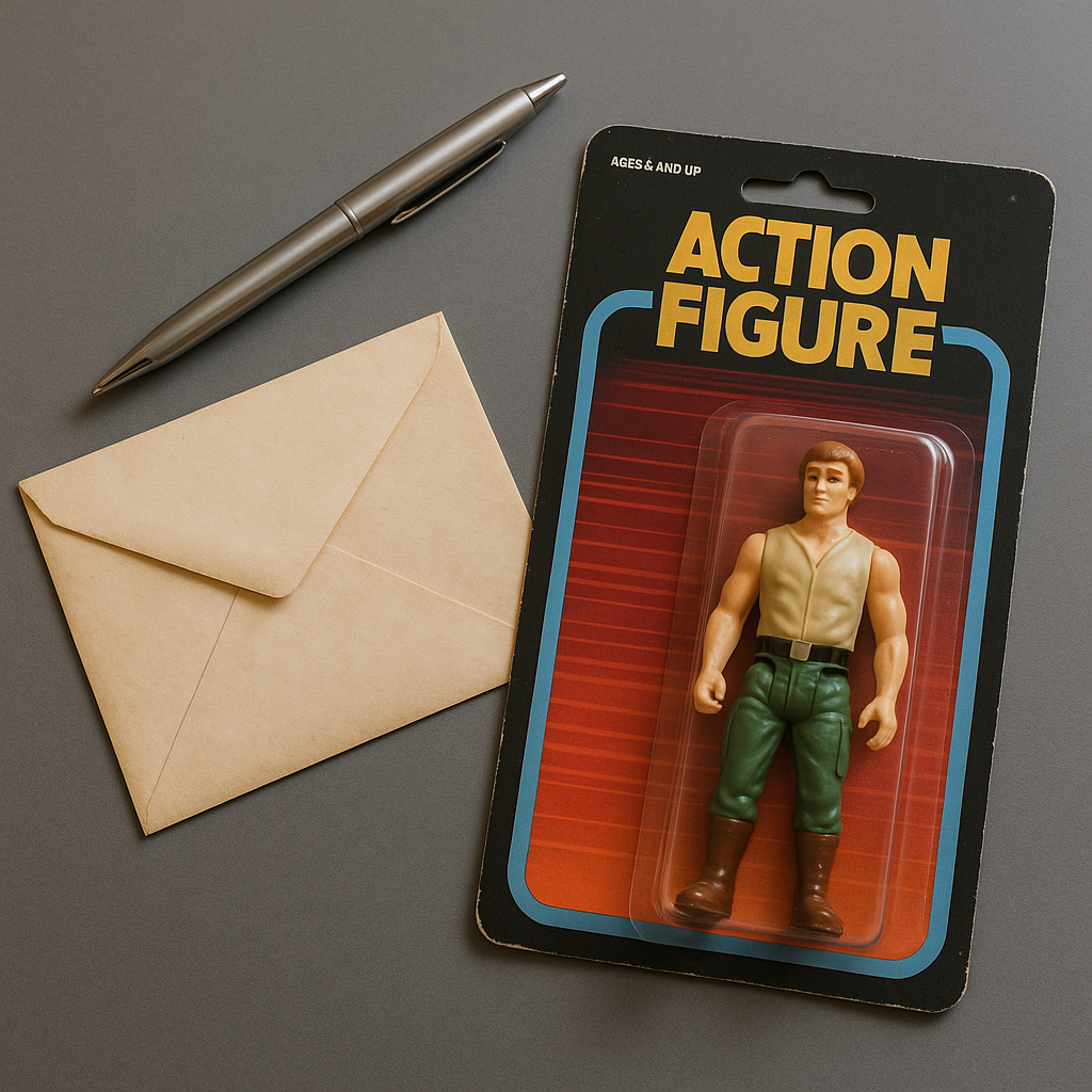 Envelope, pen, and retro action-figure cardback on desk