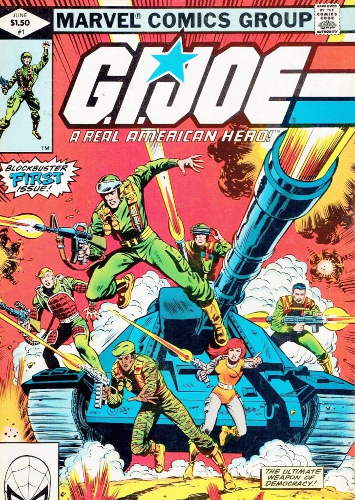 Vintage 3.75-inch G.I. Joe figures lined up with vehicles