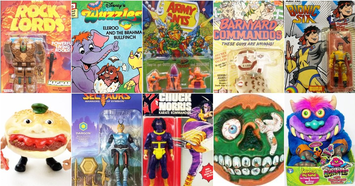 Collage of strange 1980s action figures from multiple toy lines